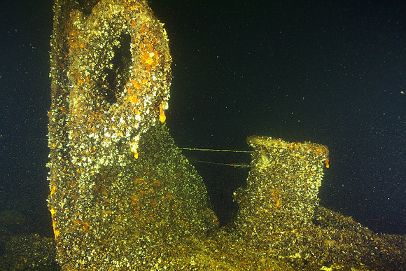 Here the bow section ends, at 15 m depth. When you go up the hill from here, you will find the ship's engine. On this dive we didn't go there.
