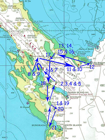 The route for "Get Wrecked" safari with M/Y Emperor Superior, 27.3.-2.4.2008