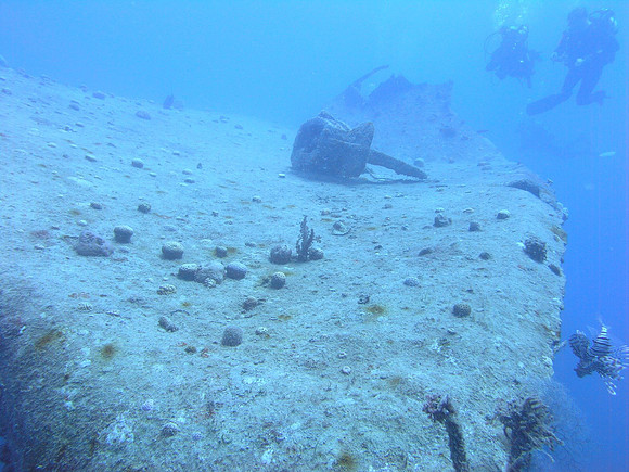 "Miniya" wreck, startboard side which is toward surface, the anchor can be seen here