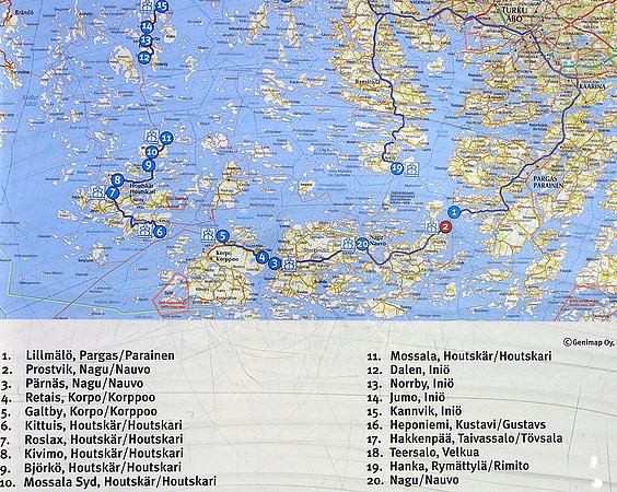 Maantiereitti leirille: Kaarina, Parainen, Nauvo, Pärnäs (mistä yhteysalus Eivor lähtee)