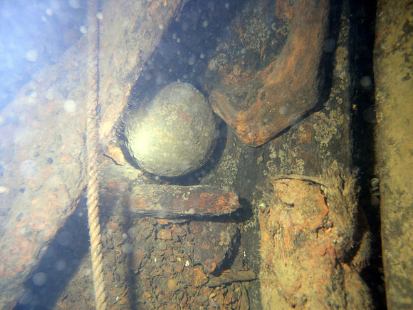 Baltic Sea, wreck of "Cronprins Gustav Adolf", Swedish war ship, sunken by Russian Navy in 1788. Cannonball.