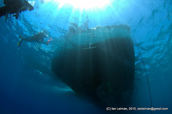 View up to the boat and the rear ladders