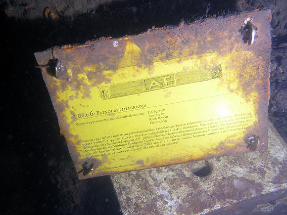 Baltic Sea, wreck of "Cronprins Gustav Adolf". Sign